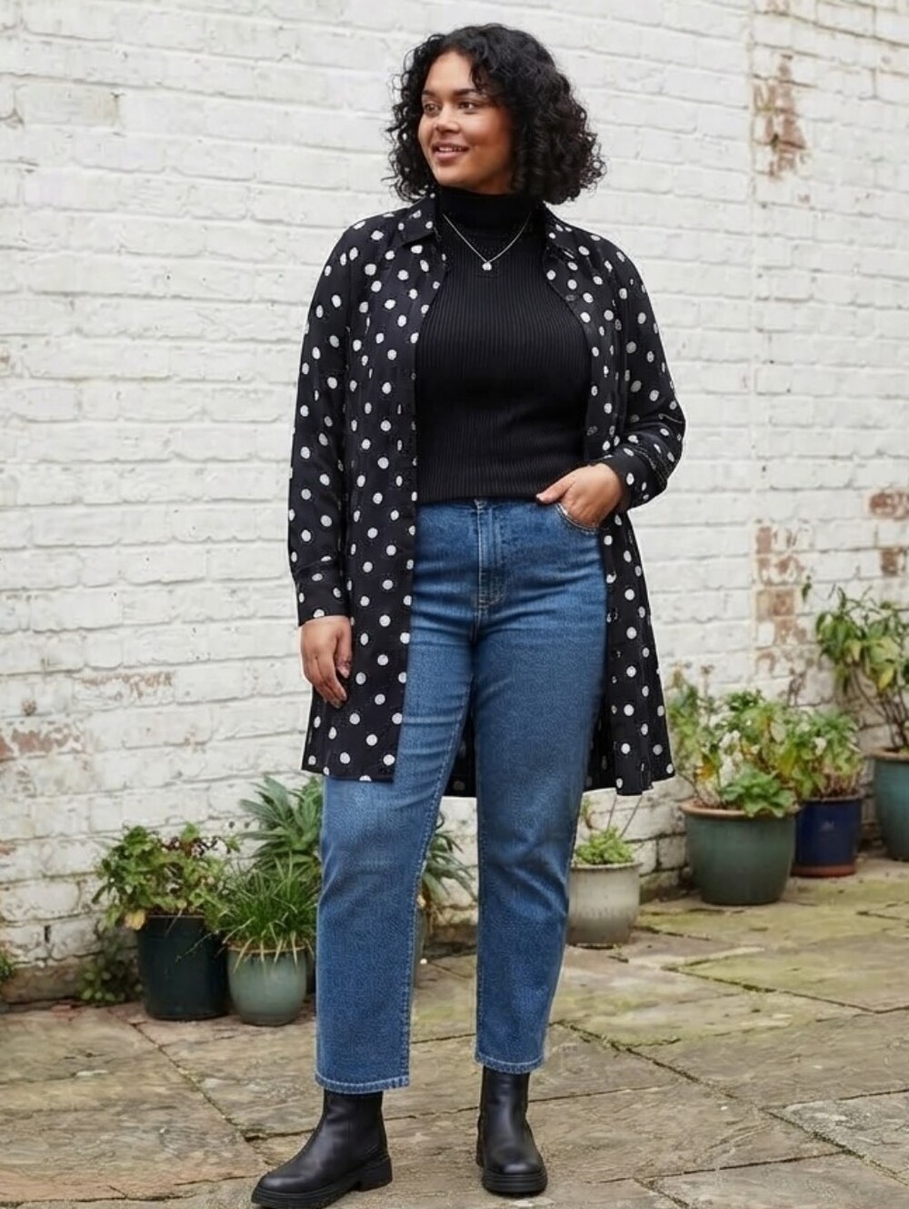 In Every Story Black White Polka Dot Button Down Tunic Shirt Blouse 2X